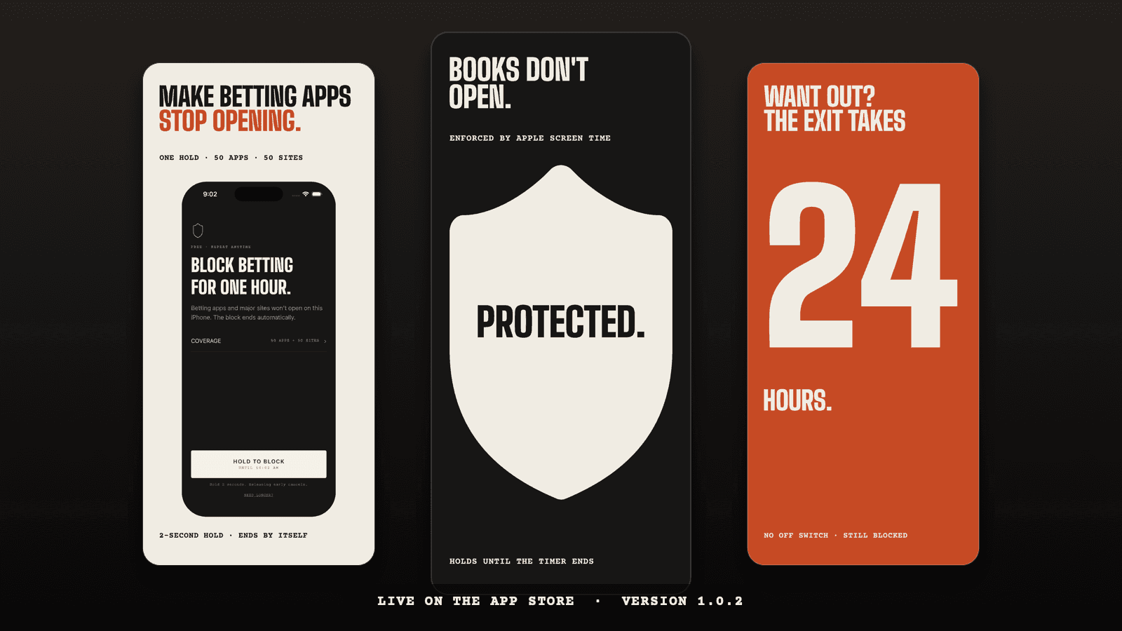 Untilt’s live App Store screenshot flow: hold to block, protection active, and 24-hour early-exit wait.